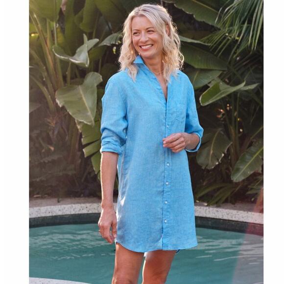 Frank & Eileen Dresses & Skirts - Frank & Eileen Mary Classic Linen Shirtdress In Bright Turquoise Size S